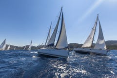 Varende schepenjachten met witte zeilen in de open zee stock foto Varende schepenjachten met witte zeilen in de open zee stock foto