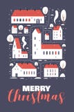 Christmas and Happy New Year. Map of winter city with houses of European architecture and with snow-covered trees. Variety of cozy houses with red roofs under stock illustration Christmas and Happy New Year. Map of winter city with houses of European architecture and with snow-covered trees. Variety of cozy houses with red roofs under stock illustration