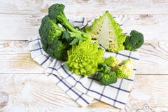 Various of Cabbage Broccoli, Romanesco Cauliflower. Assorted of Cabbages on the kitchen table royalty free stock images Various of Cabbage Broccoli, Romanesco Cauliflower. Assorted of Cabbages on the kitchen table royalty free stock images