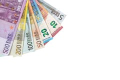 various denominations of euro banknotes isolated on white. royalty free stock image various denominations of euro banknotes isolated on white. royalty free stock image