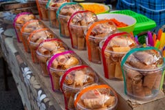 Various kind of Thai desserts presented in plastic pack for sell in Thailand royalty free stock photography Various kind of Thai desserts presented in plastic pack for sell in Thailand royalty free stock photography