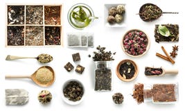 Various Kinds Of Tea, Rustic Dishware, Cinnamon, Topview Royalty Free Stock Photography