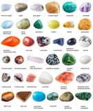 Various tumbled gemstones with names isolated