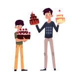 Vater und Sohn, welche die Geburtstagskuchen, werden zur Partei hält fertig lizenzfreie abbildung Vater und Sohn, welche die Geburtstagskuchen, werden zur Partei hält fertig lizenzfreie abbildung