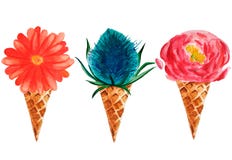 Vattenfärgglass för 3 blomma vektor illustrationer Vattenfärgglass för 3 blomma vektor illustrationer