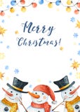 Vattenfärgvinterkort med en snögubbe, snöflingor, julleksaker, snödrivor stock illustrationer Vattenfärgvinterkort med en snögubbe, snöflingor, julleksaker, snödrivor stock illustrationer