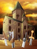 Vecchia cappella dell'alba con le spade sul deserto illustrazione vettoriale Vecchia cappella dell'alba con le spade sul deserto illustrazione vettoriale