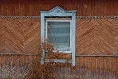 Vecchia finestra con una tenda su una parete di legno marrone di una casa rurale invasa con vegetazione asciutta fotografia stock Vecchia finestra con una tenda su una parete di legno marrone di una casa rurale invasa con vegetazione asciutta fotografia stock
