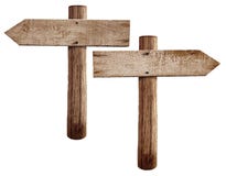 Vecchie frecce di legno dei segnali stradali a destra e a sinistra immagine stock Vecchie frecce di legno dei segnali stradali a destra e a sinistra immagine stock