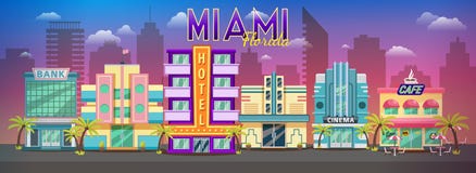 Vecchio panorama dell'orizzonte di Miami al tramonto Retro paesaggio urbano della retro città, retro orizzonte di Miami Florida d royalty illustrazione gratis Vecchio panorama dell'orizzonte di Miami al tramonto Retro paesaggio urbano della retro città, retro orizzonte di Miami Florida d royalty illustrazione gratis