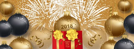 Vector иллюстрация предпосылки 2018 Нового Года с шариками и подарком золота рождества иллюстрация вектора Vector иллюстрация предпосылки 2018 Нового Года с шариками и подарком золота рождества иллюстрация вектора
