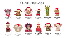Vector animal Heads in red caps scarfs. Chinese horoscope symbols stock illustration Vector animal Heads in red caps scarfs. Chinese horoscope symbols stock illustration