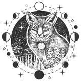 Vector fox head tattoo or t-shirt print design. Vector animal tattoo or t-shirt print design. Fox head combined with nature in round frame with moon phases Vector fox head tattoo or t-shirt print design. Vector animal tattoo or t-shirt print design. Fox head combined with nature in round frame with moon phases