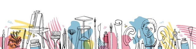 Vector Artist Materials In A Row - Hand Drawn Sketch. Stylized Illustration With Color Stamps. Painting And Drawing Tools Royalty Free Stock Photo Vector Artist Materials In A Row - Hand Drawn Sketch. Stylized Illustration With Color Stamps. Painting And Drawing Tools Royalty Free Stock Photo