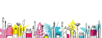Vector Artist Materials In Row. Hand Drawn Stylized Sketch. Black And White Stylized Illustration With Color Stains Stock Photo Vector Artist Materials In Row. Hand Drawn Stylized Sketch. Black And White Stylized Illustration With Color Stains Stock Photo