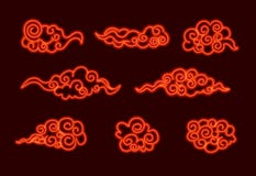 Vector as nuvens orientais de néon, ilustrações de incandescência ajustadas no fundo escuro ilustração do vetor Vector as nuvens orientais de néon, ilustrações de incandescência ajustadas no fundo escuro ilustração do vetor