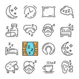 Vector black line Sleep icons set. Includes such Icons as Moon, Pillow, Sheep. Pictogram vector illustration Vector black line Sleep icons set. Includes such Icons as Moon, Pillow, Sheep. Pictogram vector illustration