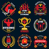 Vector Bodybuilding bright labels set - strong man,barbell, dumbbell, laurel, goblet etc. vector illustration Vector Bodybuilding bright labels set - strong man,barbell, dumbbell, laurel, goblet etc. vector illustration
