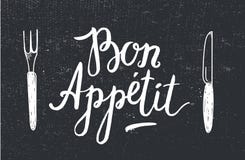 Vector Bon Appetit poster with fork and knife on black textured background. stock illustration Vector Bon Appetit poster with fork and knife on black textured background. stock illustration