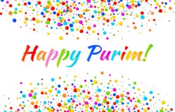 Vector Bright Horizontal Card Happy Purim carnival text with colorful rainbow colors paper confetti frame background. royalty free illustration Vector Bright Horizontal Card Happy Purim carnival text with colorful rainbow colors paper confetti frame background. royalty free illustration