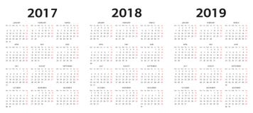 European vector calendar templates 2017, 2018, 2019 stock illustration European vector calendar templates 2017, 2018, 2019 stock illustration