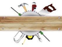 Vector Carpentry, Tools Collage With Wood Plank Te Royalty Free Stock Photos