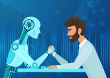 Vector cartoon Human businessman office manager man vs robot artificial intelligence pulling rope competition. Near vector illustration Vector cartoon Human businessman office manager man vs robot artificial intelligence pulling rope competition. Near vector illustration