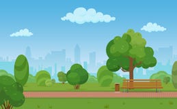 Vector cartoon illustration of a modern empty city park with skyscrapers buildings background.