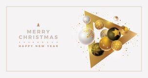 Vector Christmas and new year greeting banner design. With 3d white, black and gold Christmas balls. Clean, white background. Elements are layered separately in royalty free illustration Vector Christmas and new year greeting banner design. With 3d white, black and gold Christmas balls. Clean, white background. Elements are layered separately in royalty free illustration