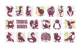 Vector collection of flat cute tribal bird icons & ornament isolated on white background. Exotic bird silhouette, domestic farm, forest, northern & tropic stock illustration Vector collection of flat cute tribal bird icons & ornament isolated on white background. Exotic bird silhouette, domestic farm, forest, northern & tropic stock illustration