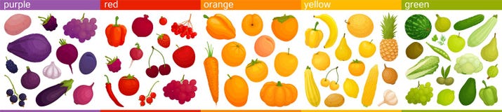 Vector colorful food. Vegetables and fruits are united in groups according to color. stock illustration Vector colorful food. Vegetables and fruits are united in groups according to color. stock illustration