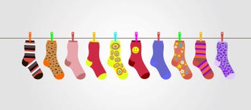 Vector colorful socks on gray background are hanging on rope royalty free illustration Vector colorful socks on gray background are hanging on rope royalty free illustration