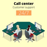 Vector concept of call center. Technical support or dispatcher call center. Female operator on call center. Flat 3d stock illustration Vector concept of call center. Technical support or dispatcher call center. Female operator on call center. Flat 3d stock illustration