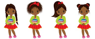 Vector Cute Little African American Girls with Books