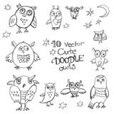 10 vector doodle cute funny owls. A rough sketches stock illustration 10 vector doodle cute funny owls. A rough sketches stock illustration
