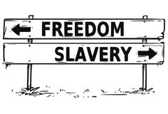 Road Block Arrow Sign Drawing of Freedom or Slavery Decision royalty free illustration Road Block Arrow Sign Drawing of Freedom or Slavery Decision royalty free illustration