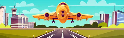 Vector el avión de pasajeros amarillo de la historieta, jet sobre pista stock de ilustración Vector el avión de pasajeros amarillo de la historieta, jet sobre pista stock de ilustración