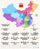 Vector el mapa de las provincias de China coloreadas por regiones con horizontes de la ciudad más grande Fotos de archivo libres de regalías Vector el mapa de las provincias de China coloreadas por regiones con horizontes de la ciudad más grande Fotos de archivo libres de regalías