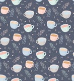Vector el modelo de las tazas del té y de café con los elementos de la planta ejemplo en fondo gris stock de ilustración Vector el modelo de las tazas del té y de café con los elementos de la planta ejemplo en fondo gris stock de ilustración