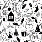 Vector el modelo inconsútil Garabato blanco y negro simple Muñeco de nieve, árbol de navidad, patín de hielo, presente, pájaro, c ilustración del vector Vector el modelo inconsútil Garabato blanco y negro simple Muñeco de nieve, árbol de navidad, patín de hielo, presente, pájaro, c ilustración del vector