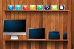 Vector electronic devices computer on wood shelf stock illustration Vector electronic devices computer on wood shelf stock illustration