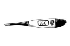 Hand drawn sketch of digital thermometer in black isolated on white background. Detailed vintage etching style drawing. stock illustration Hand drawn sketch of digital thermometer in black isolated on white background. Detailed vintage etching style drawing. stock illustration