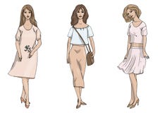 Vector fashion illustration set of three stylish girls in business style in rose beige and pink colours isolated on white stock illustration Vector fashion illustration set of three stylish girls in business style in rose beige and pink colours isolated on white stock illustration