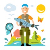 Vector Fishing. Fisherman with big fish. Flat style colorful Cartoon illustration. vector illustration Vector Fishing. Fisherman with big fish. Flat style colorful Cartoon illustration. vector illustration