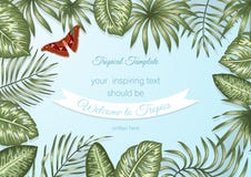 Vector frame template with tropical leaves and atlas moth on blue background royalty free illustration Vector frame template with tropical leaves and atlas moth on blue background royalty free illustration