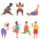 Vector funny chubby fat man characters set doing gym workout exercises. Sport fitness. vector illustration Vector funny chubby fat man characters set doing gym workout exercises. Sport fitness. vector illustration