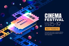 Vector glowing neon cinema festival banner. Cinema tickets in 3d isometric style on abstract night cosmic sky background royalty free illustration Vector glowing neon cinema festival banner. Cinema tickets in 3d isometric style on abstract night cosmic sky background royalty free illustration