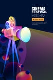 Vector glowing neon cinema festival poster or banner background. Colorful 3d style movie camera with film spotlight. stock illustration Vector glowing neon cinema festival poster or banner background. Colorful 3d style movie camera with film spotlight. stock illustration