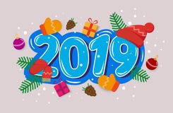 Vector greeting card Happy New Year 2019 with toys, gifts, tree branches, winter gloves, pine cones. Seasonal holidays. Eps 10 royalty free illustration Vector greeting card Happy New Year 2019 with toys, gifts, tree branches, winter gloves, pine cones. Seasonal holidays. Eps 10 royalty free illustration