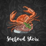 Vector hand drawn colored seafood elements composition on dark gradient background with lettering for seafood store or vector illustration Vector hand drawn colored seafood elements composition on dark gradient background with lettering for seafood store or vector illustration